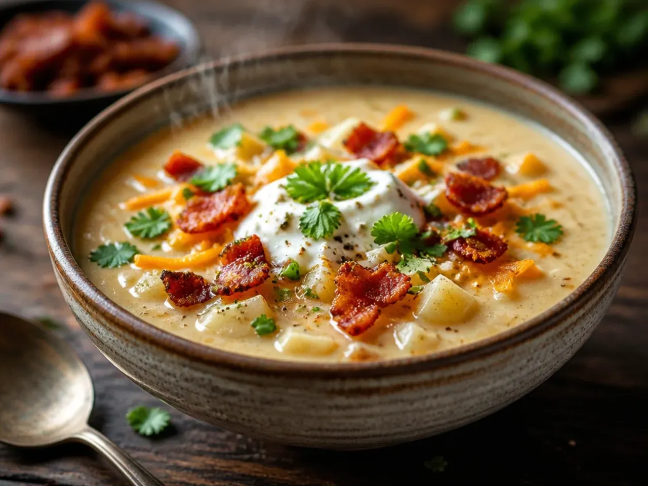 One-pot loaded potato soup simmering in a Dutch oven
