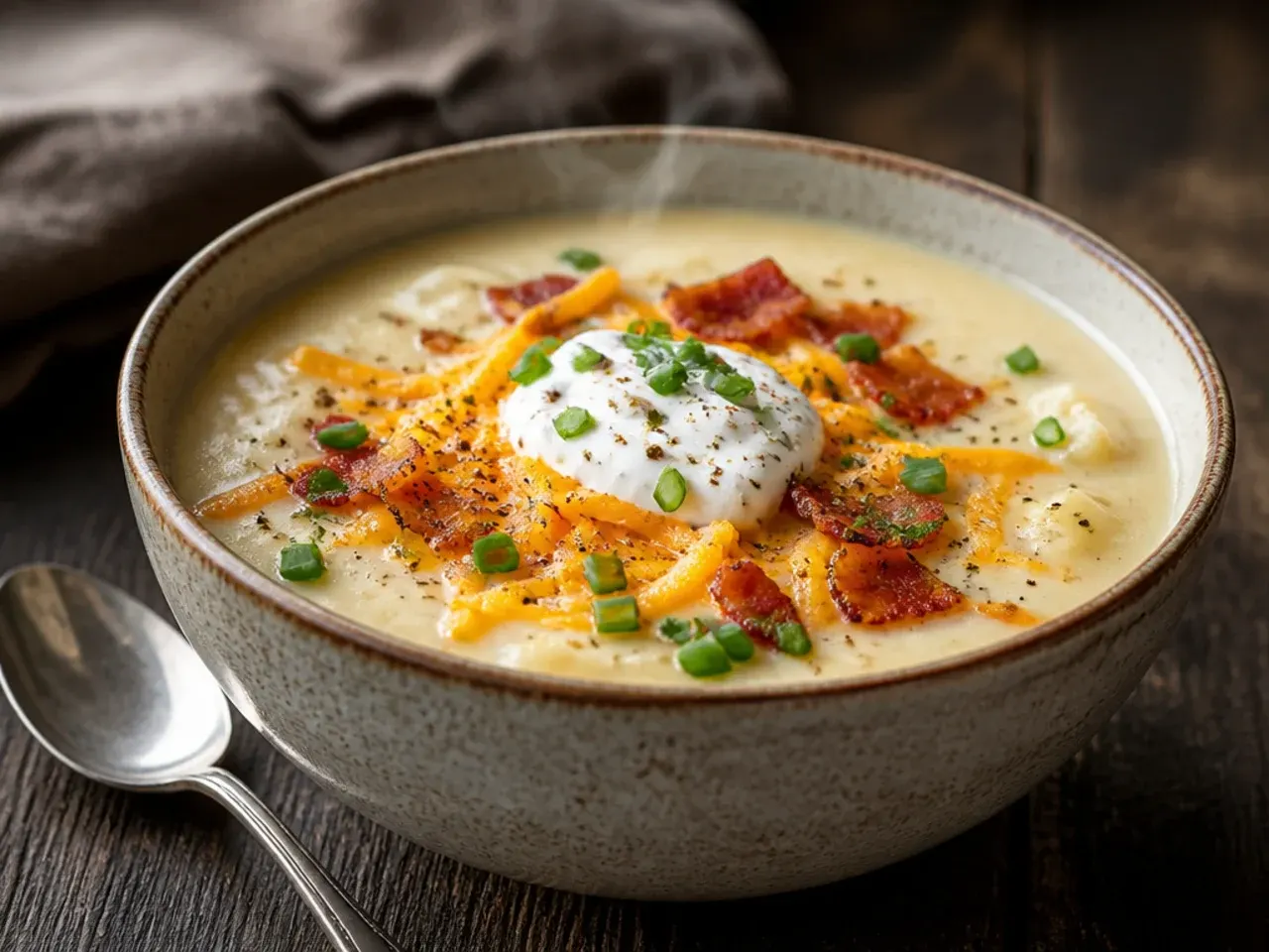 Slow cooker filled with loaded potato soup ready to be finished with cream and cheese