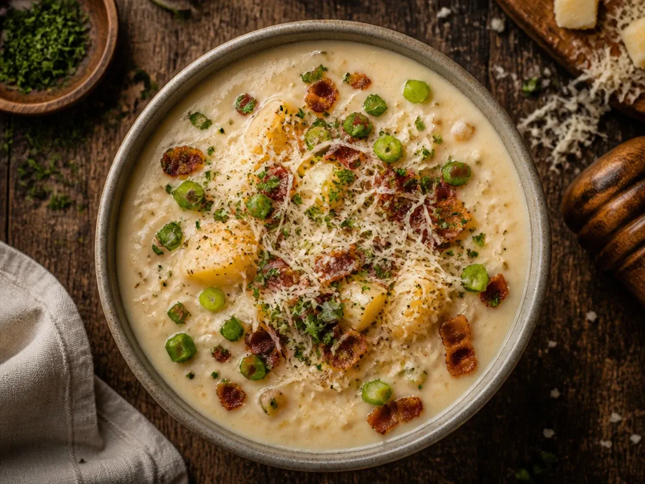 Instant Pot loaded potato soup being stirred with cheese melting in