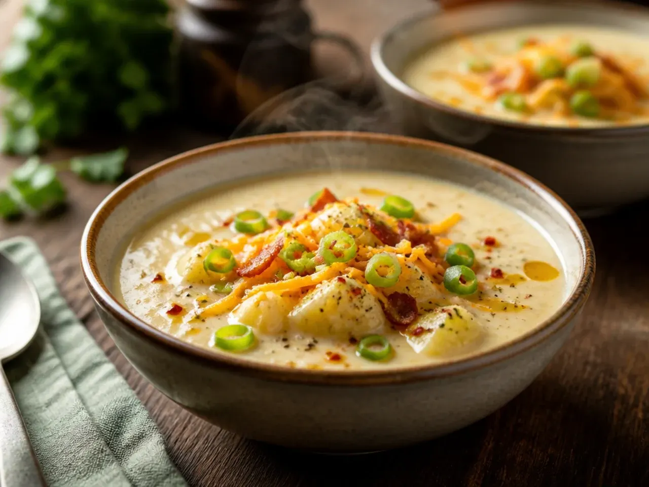 Vegetarian loaded potato soup topped with crispy fried shallots