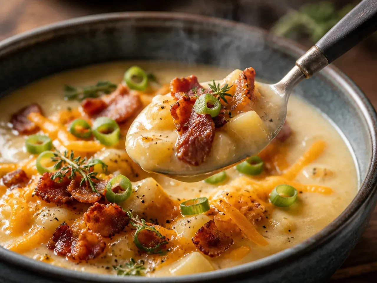 Spicy loaded potato soup topped with sliced jalapeños and pepper jack cheese