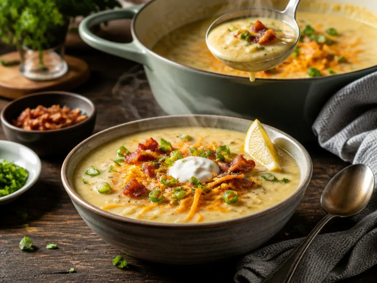 Loaded potato soup made from leftover mashed potatoes, topped with bacon and chives