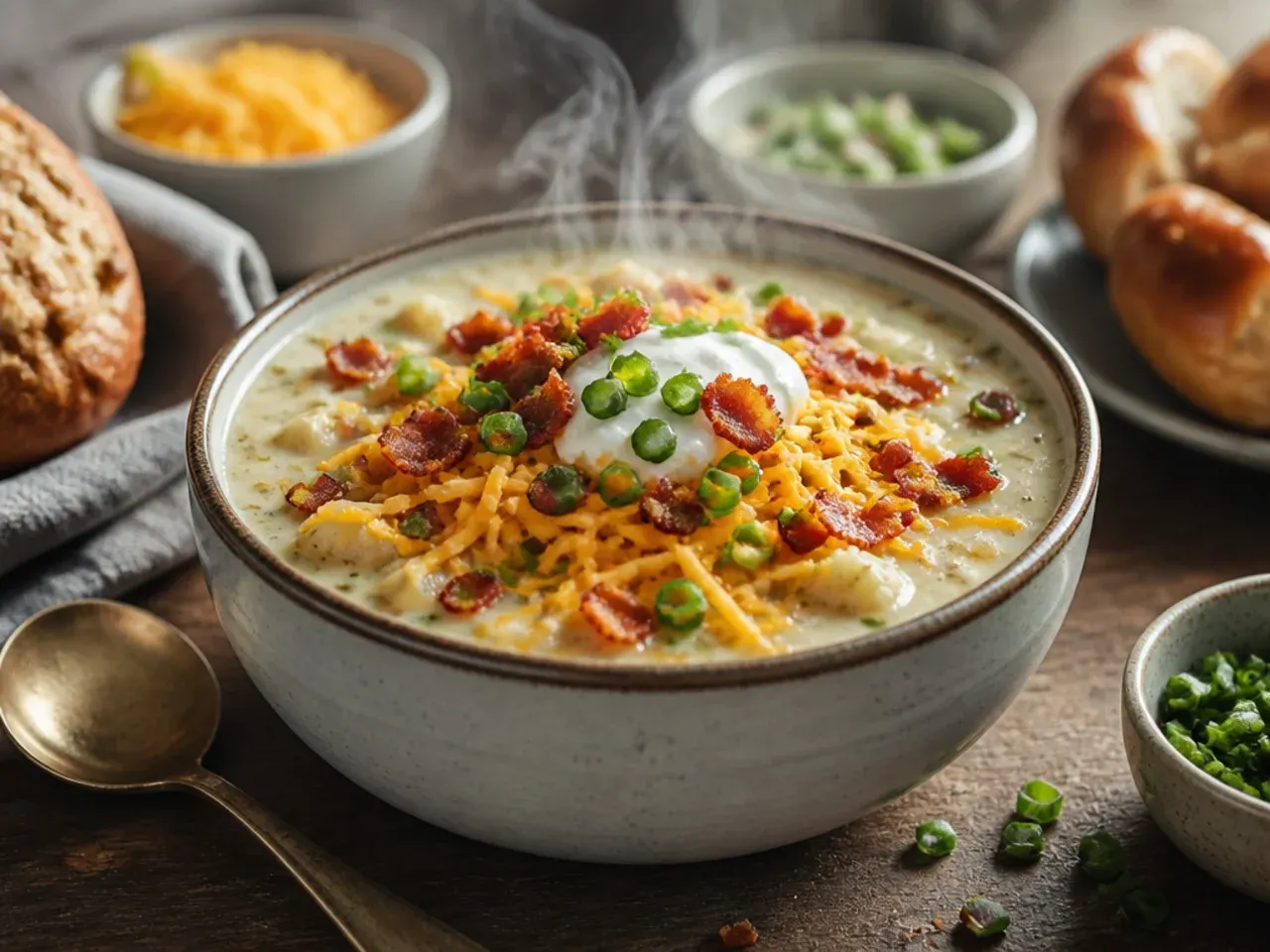 Loaded potato soup served with crusty bread and a side salad