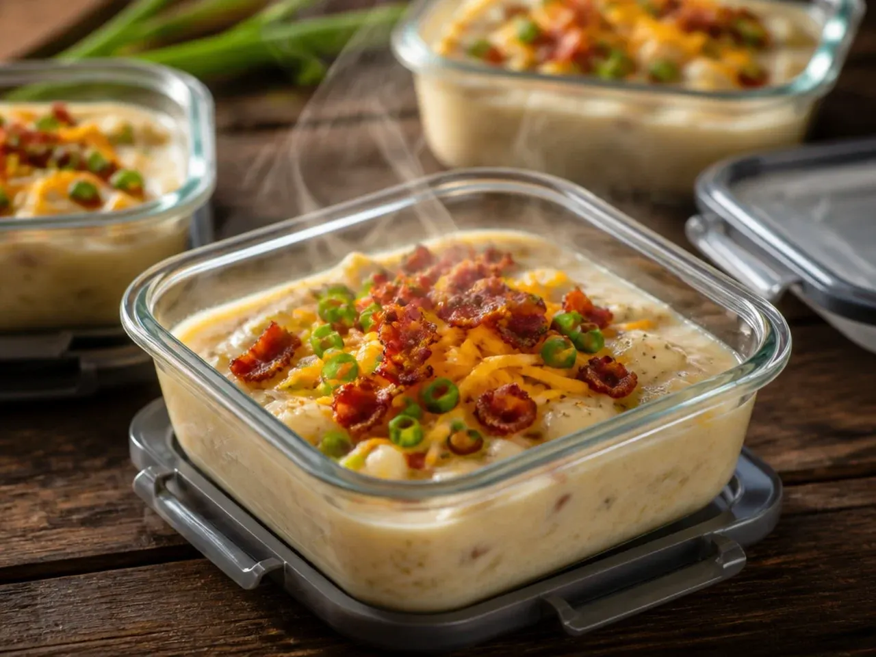 Container of leftover loaded potato soup being stored in the fridge