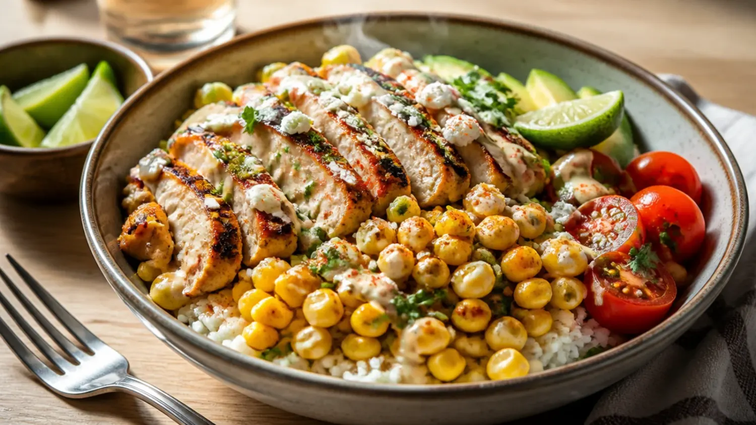 Overhead shot of a loaded street corn chicken rice bowl with charred corn, sliced chicken, cotija cheese, lime crema and cilantro over rice