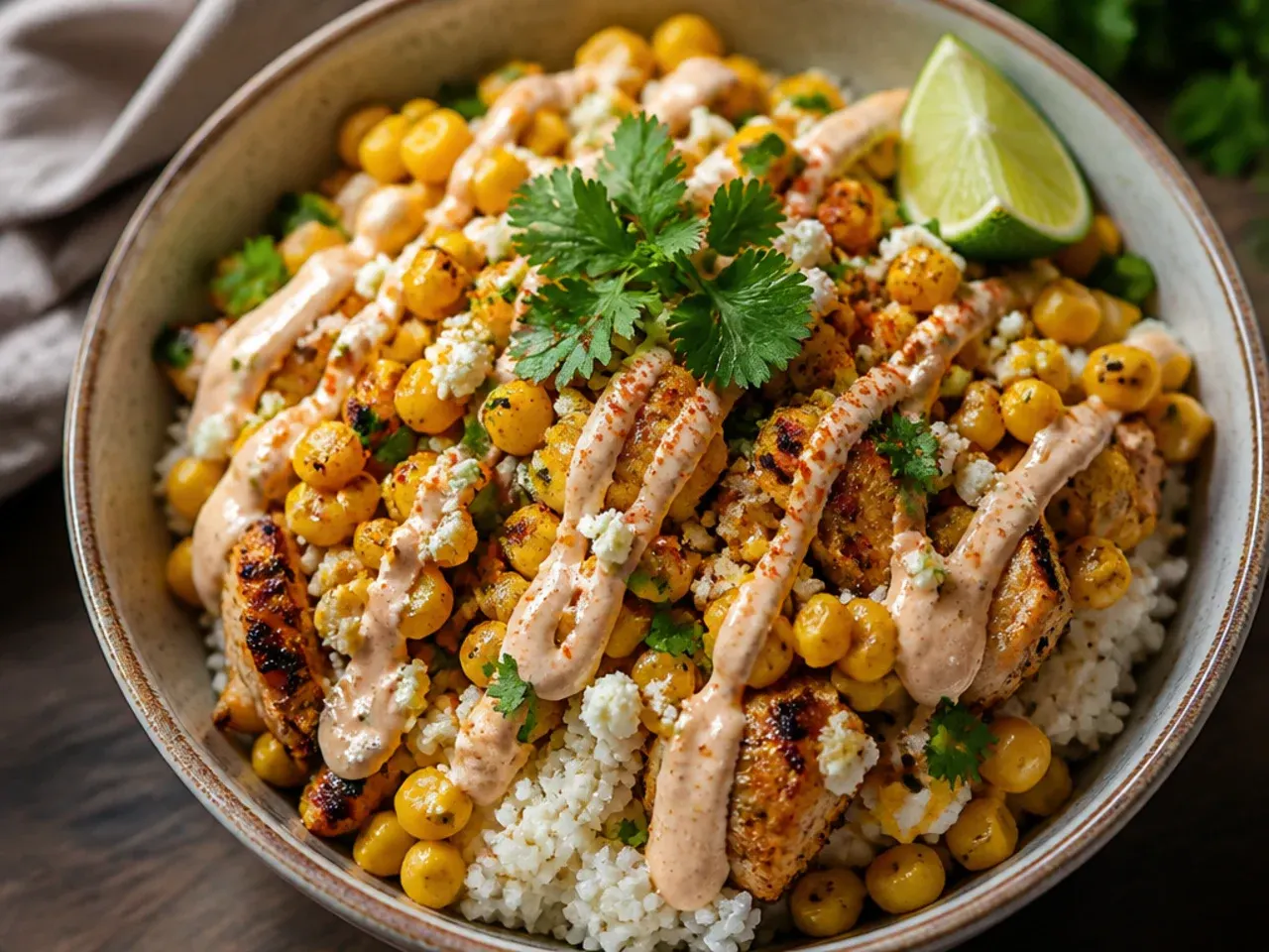 Overhead shot of a loaded street corn chicken rice bowl with charred corn, chicken and lime crema