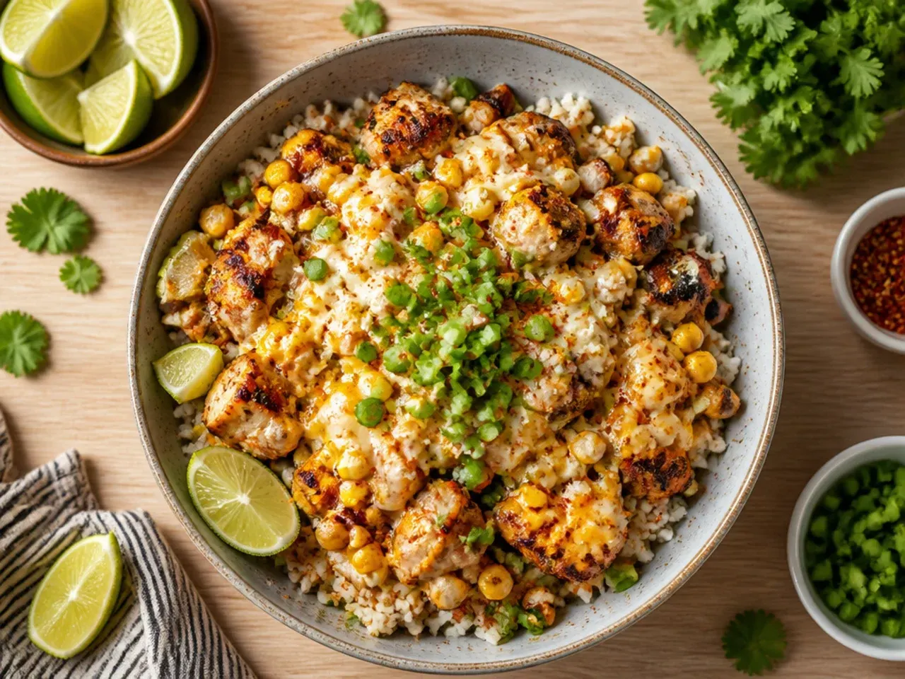 Close-up of classic loaded street corn chicken rice bowl with charred corn and sliced chicken thigh