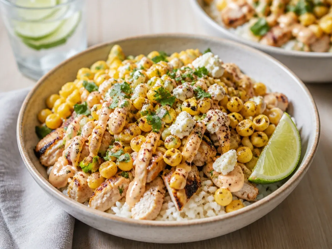 Simple loaded street corn chicken rice bowl made with quick shortcuts