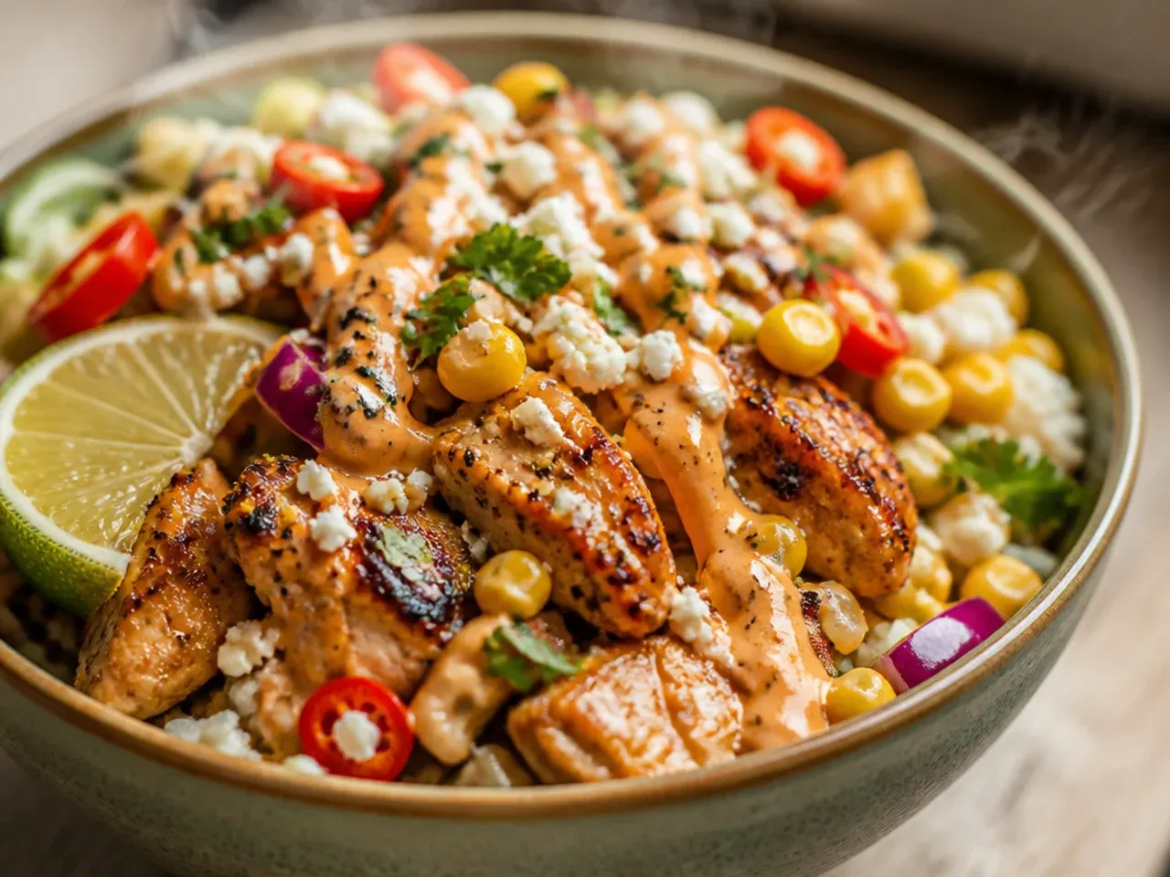 Cozy loaded street corn chicken rice bowl with melted cheese stirred through warm rice