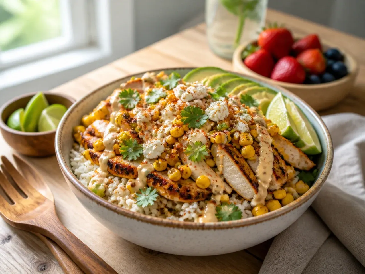 Plain simple loaded street corn chicken rice bowl with minimal toppings