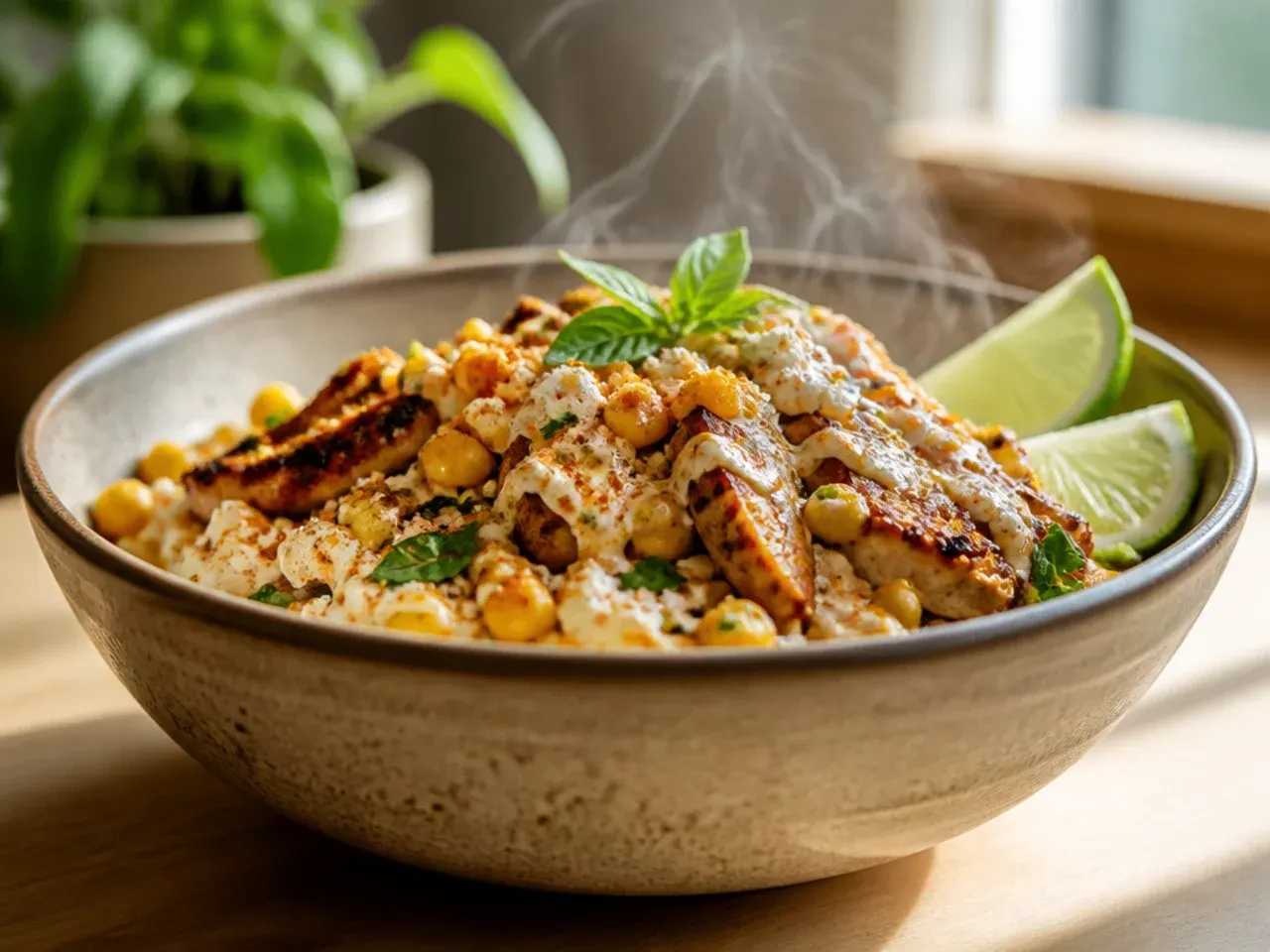 Creamy loaded street corn chicken rice bowl with a glossy lime crema drizzle