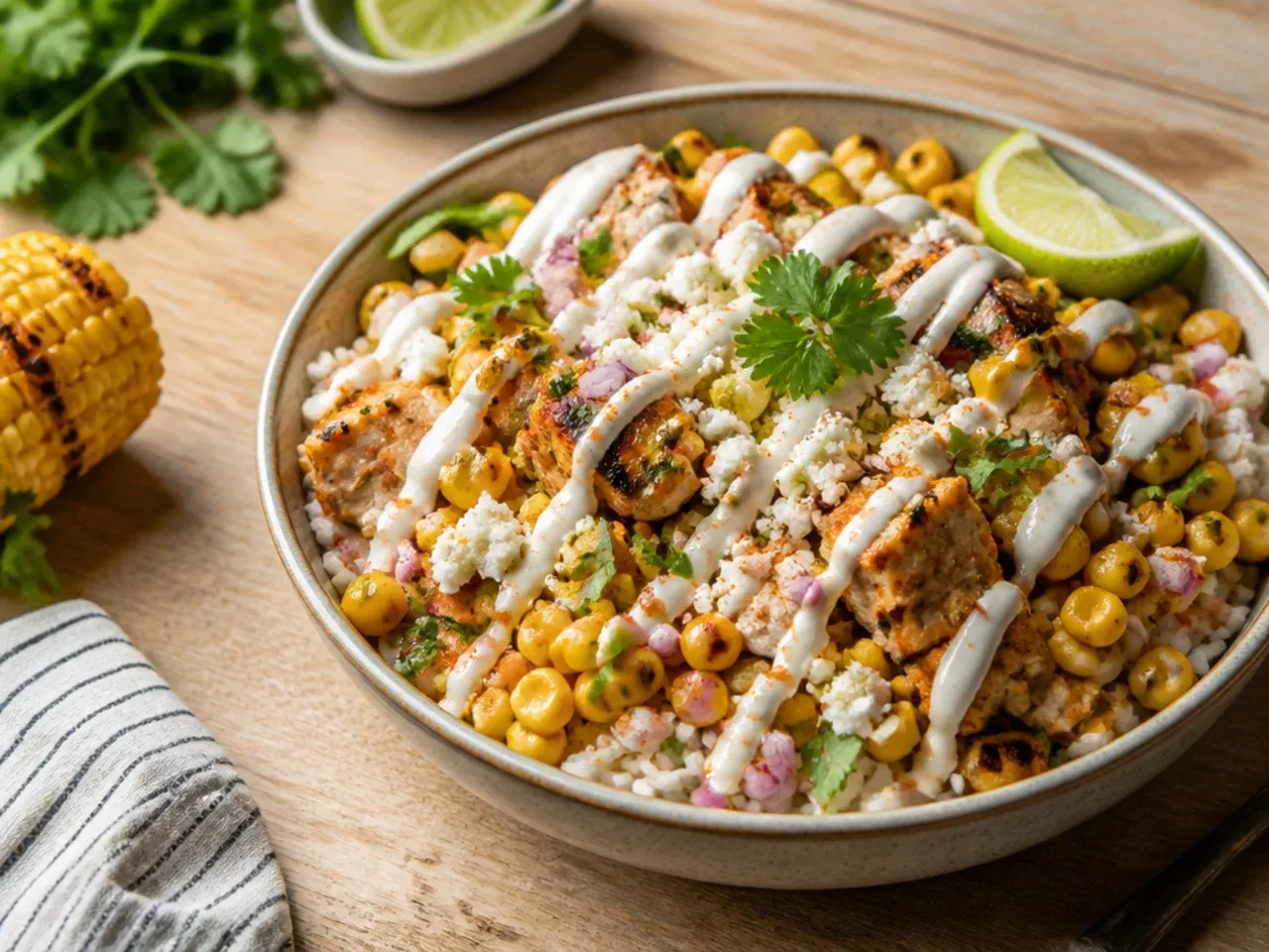 Loaded street corn chicken rice bowl piled high with beans, avocado, cotija and pico de gallo