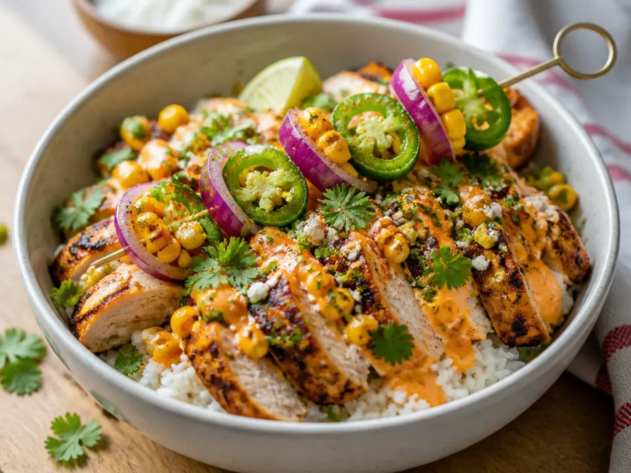 Best-ever loaded street corn chicken rice bowl with deeply charred corn and marinated chicken