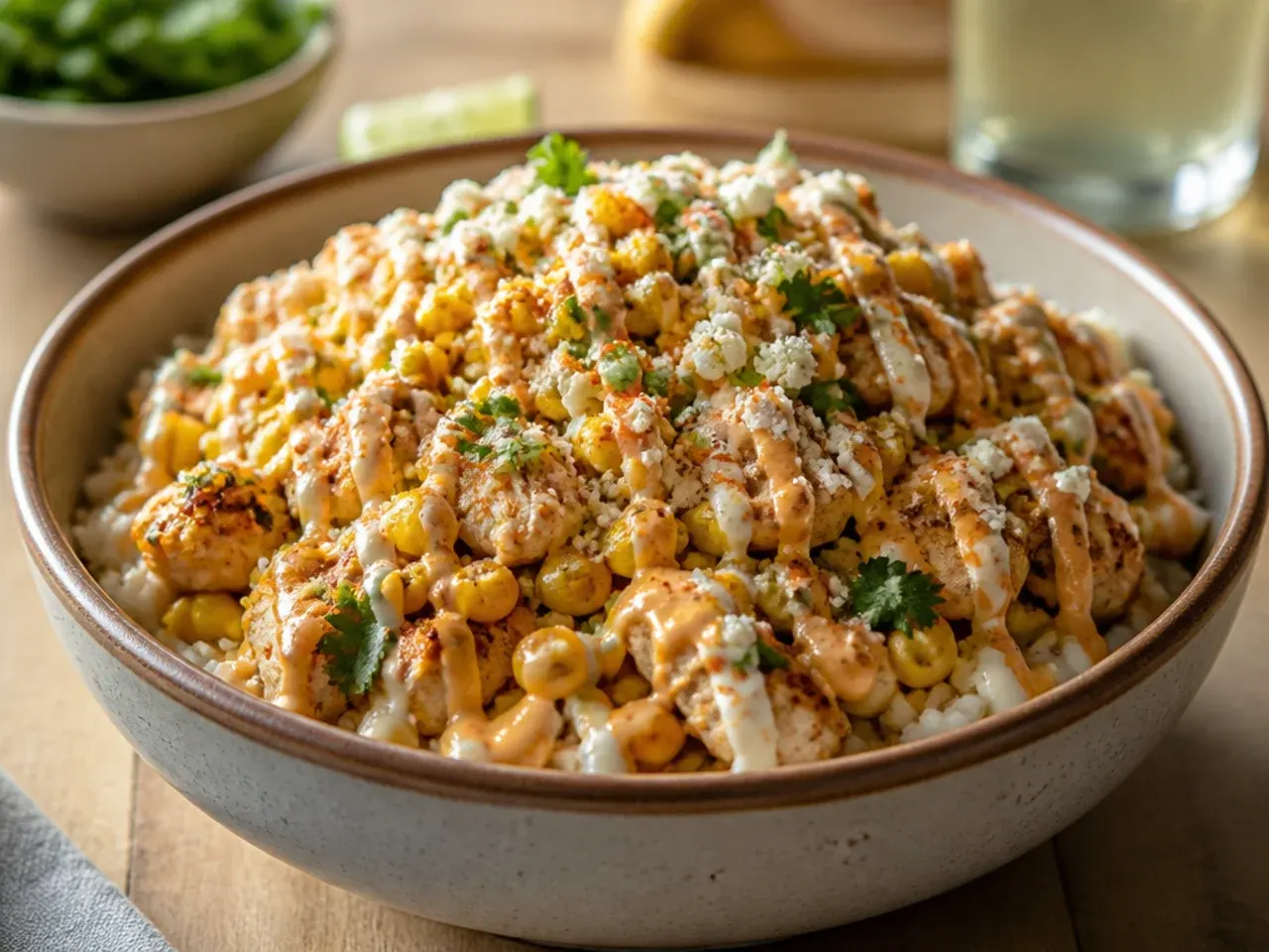 Cheesy loaded street corn chicken rice bowl with melted cheese and extra cotija on top