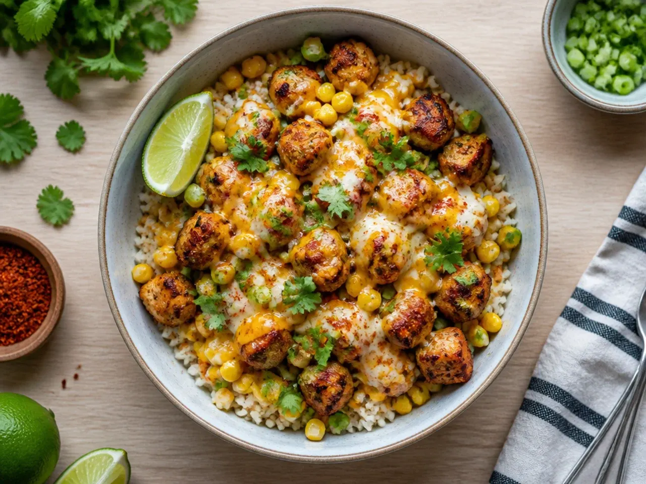 Budget-friendly loaded street corn chicken rice bowl made with frozen corn and simple seasoning