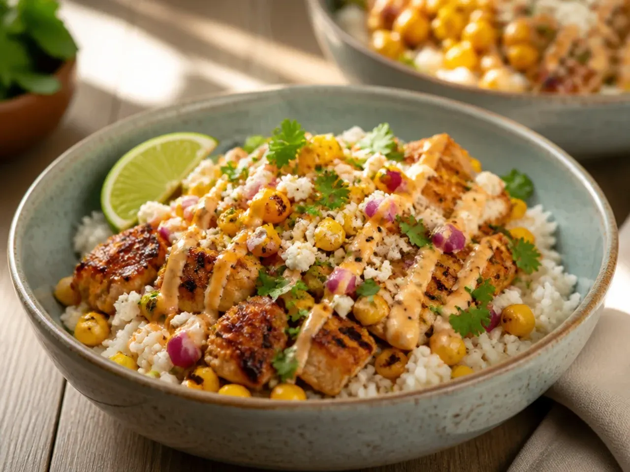 Large spread of loaded street corn chicken rice bowl ingredients set out buffet-style for a crowd