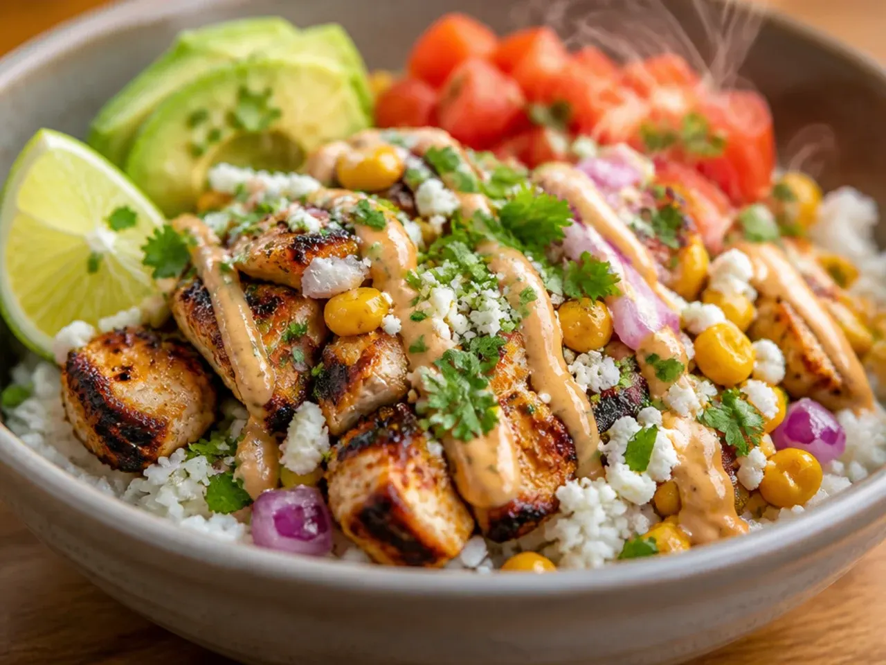 Meal prep containers of loaded street corn chicken rice bowl components ready for the fridge