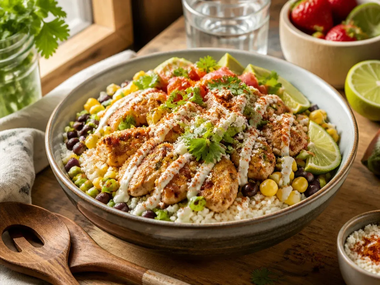 Family-style loaded street corn chicken rice bowl served with components separated for kids