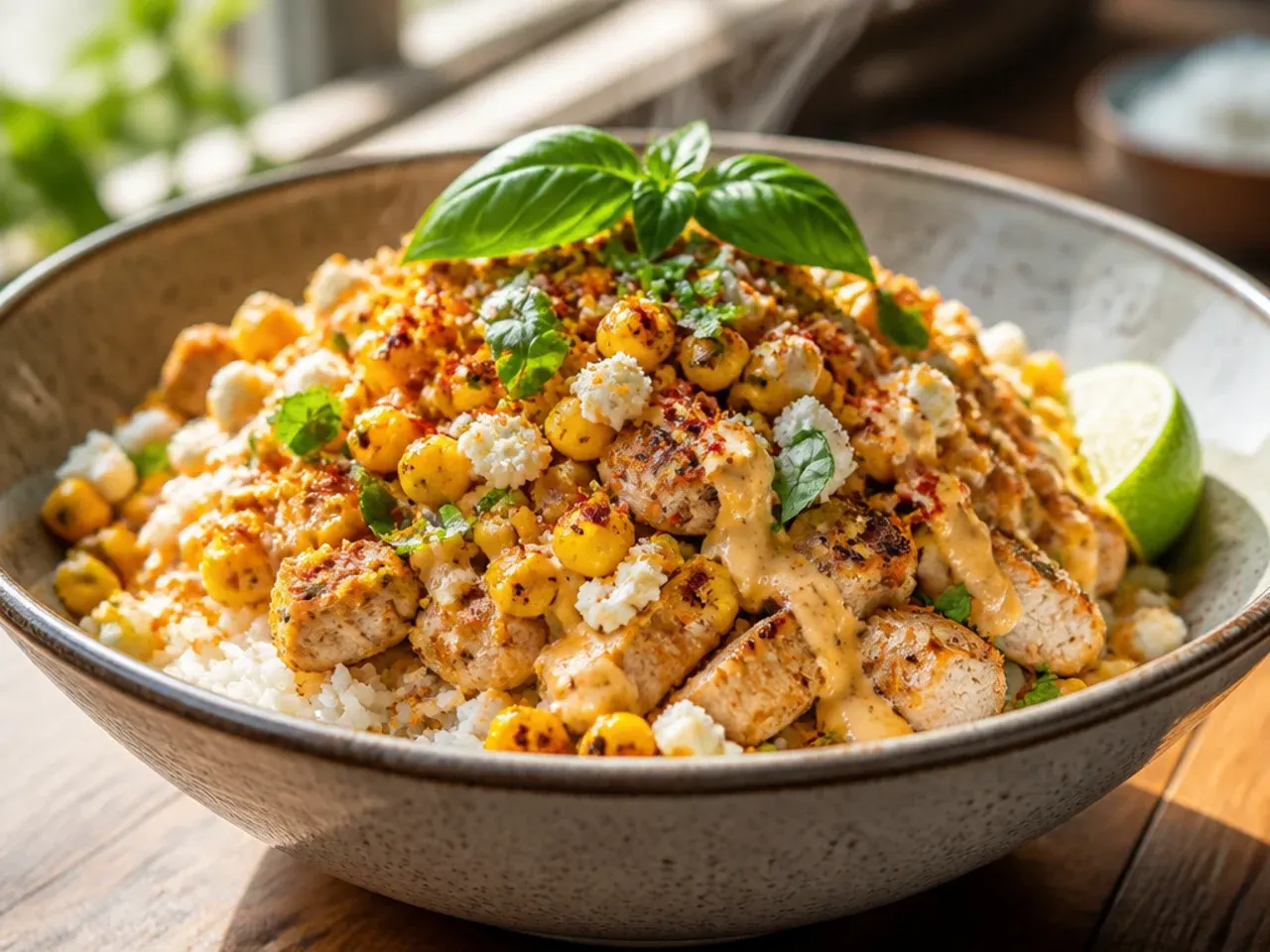 Festive loaded street corn chicken rice bowl garnished with pomegranate seeds and colourful peppers