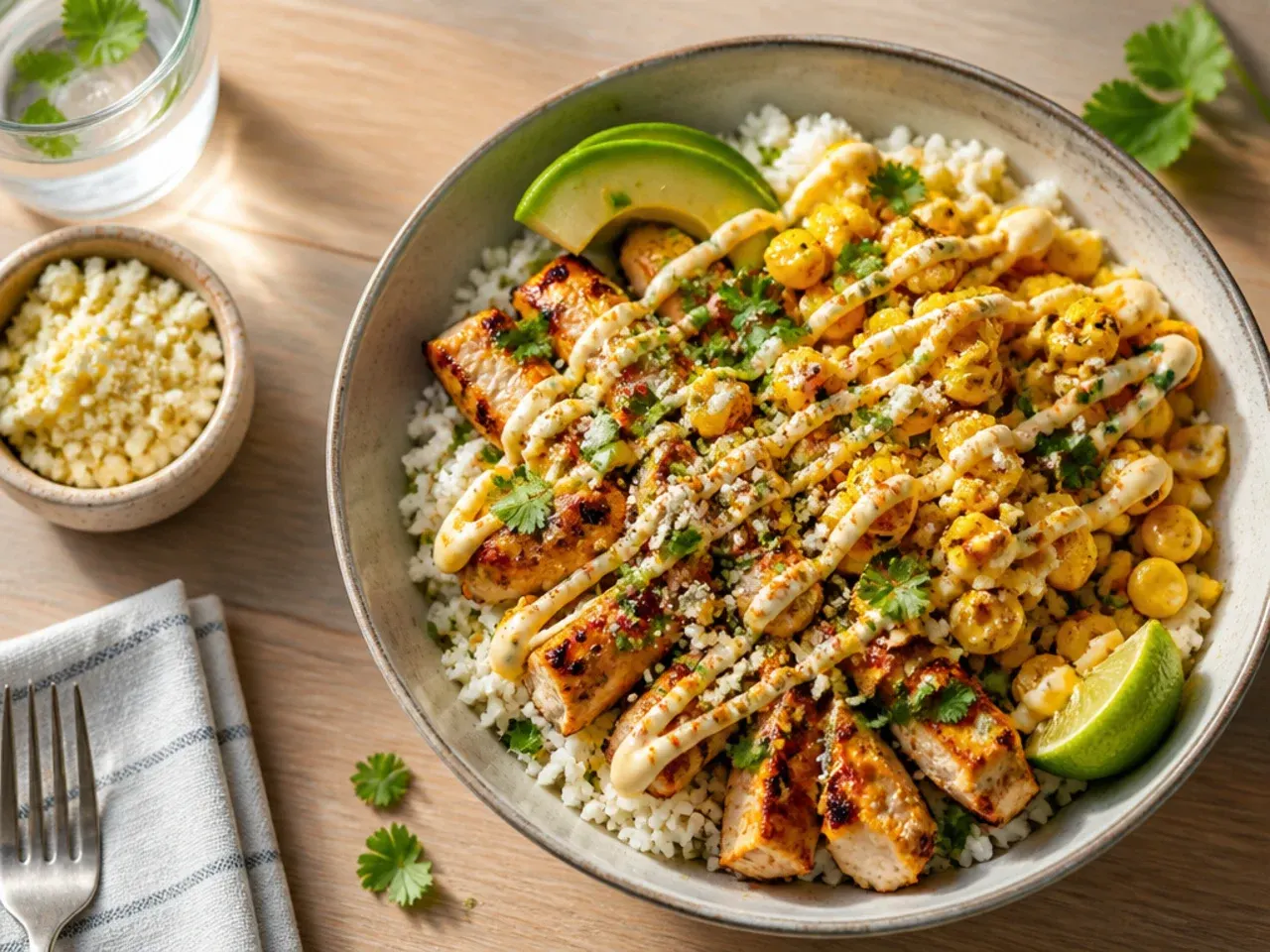 Quick loaded street corn chicken rice bowl ready in twenty minutes using rotisserie chicken