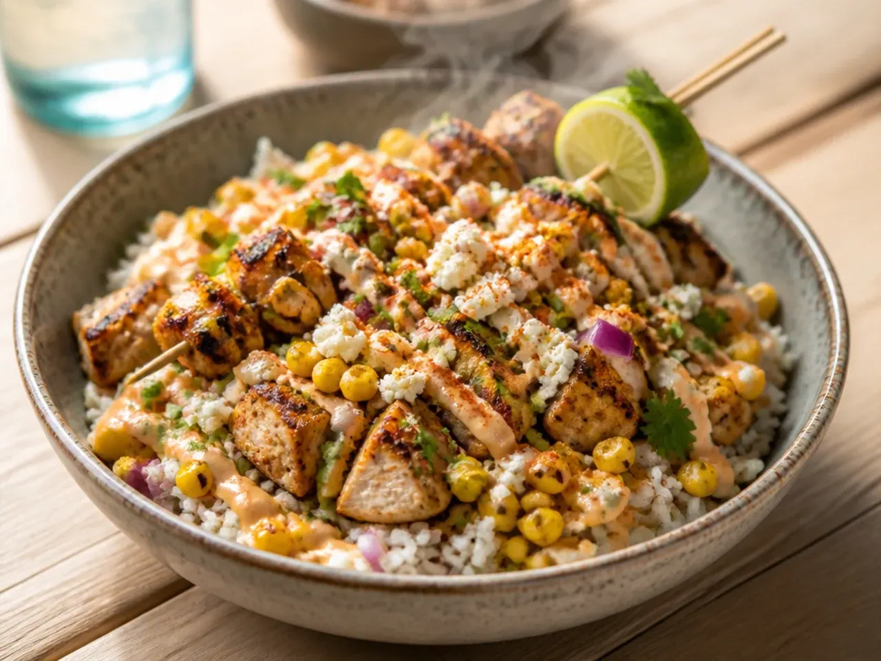 Homemade loaded street corn chicken rice bowl with fresh corn cut straight off the cob