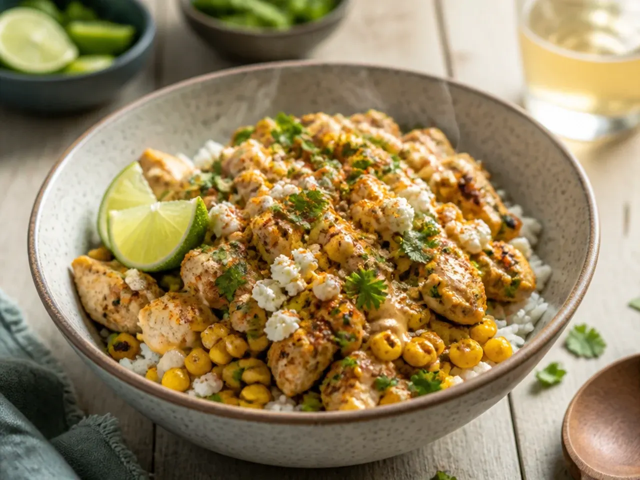 Loaded street corn chicken rice bowl served with warm tortillas and lime wedges on the side