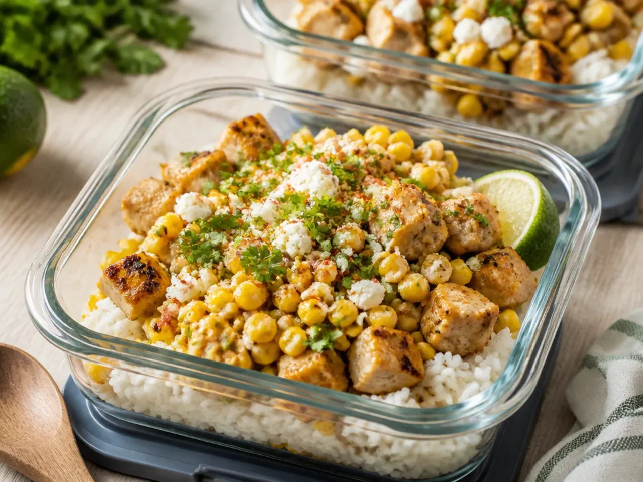 Airtight containers of loaded street corn chicken rice bowl components ready for the fridge