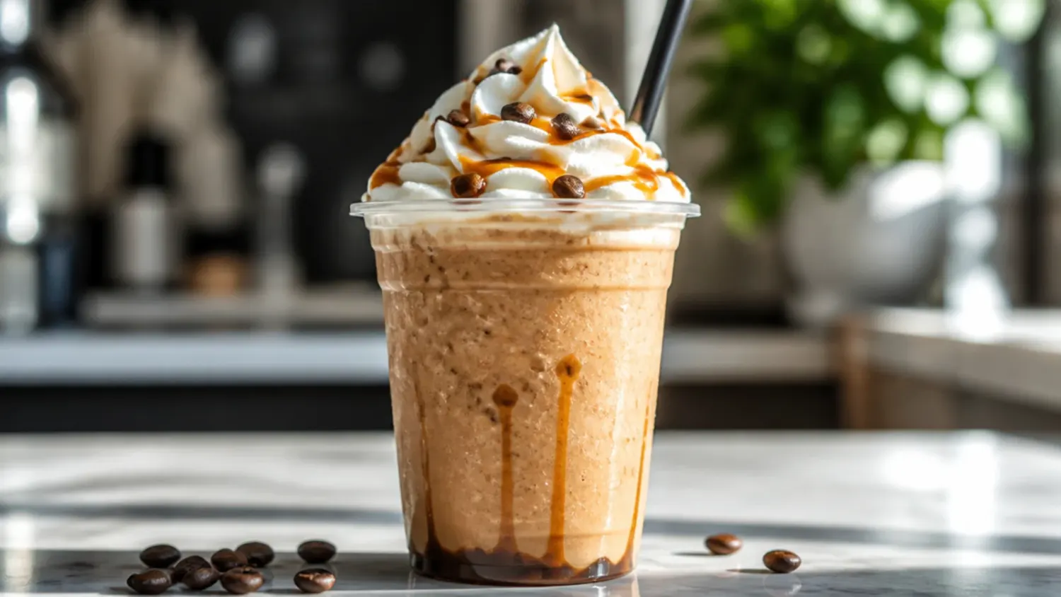A tall iced sugar-free vanilla latte copycat drink in a clear glass, surrounded by mini syrup bottles and coffee beans on a light countertop