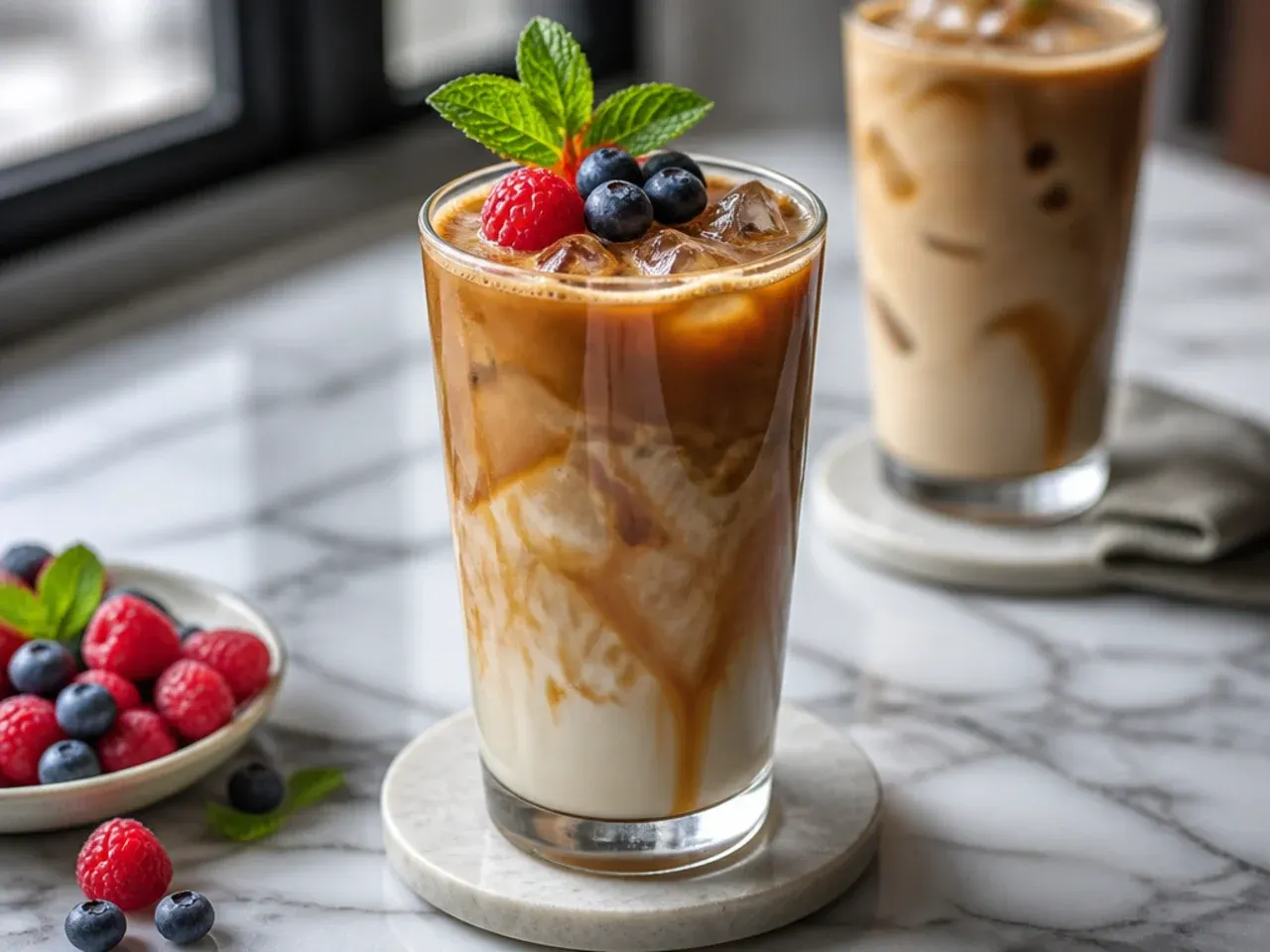 Skinny caramel latte in a glass with a light drizzle of sugar-free caramel sauce on top