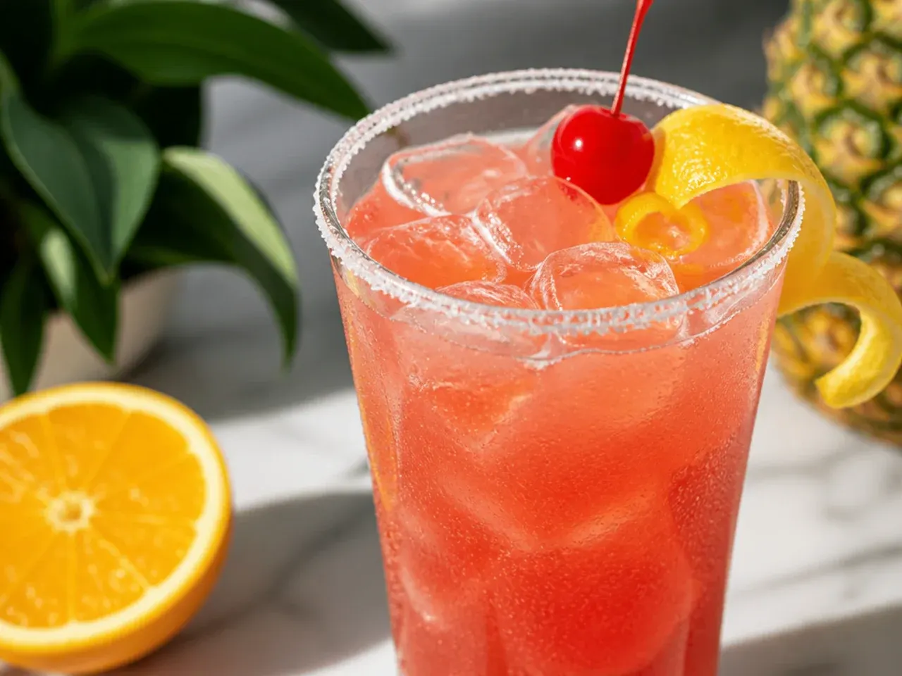 Bright pink and coconut fizz soda over ice in a tall glass with frozen cherries floating on top