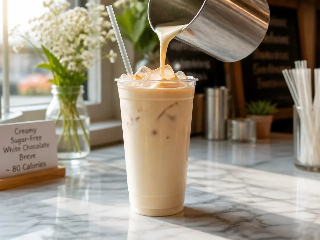 Creamy white chocolate breve style latte with light foam in a glass mug