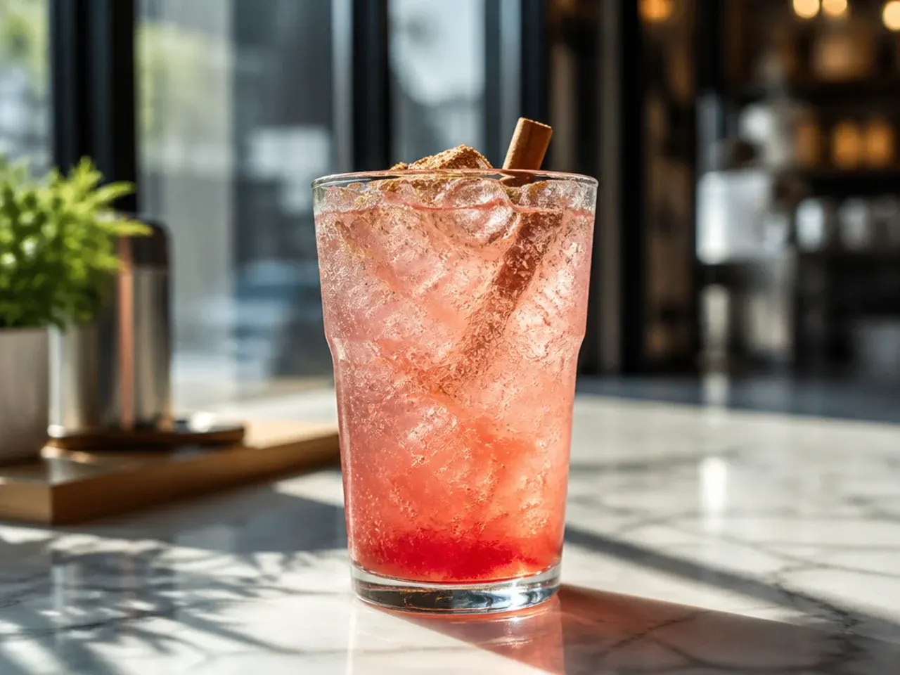 Fizzy pink Italian soda in a tall glass with a straw and ice cubes