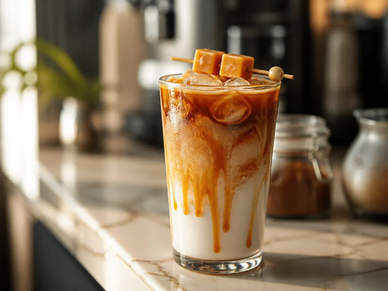 Caramel macchiato with crosshatched sugar-free caramel drizzle over foam in a glass