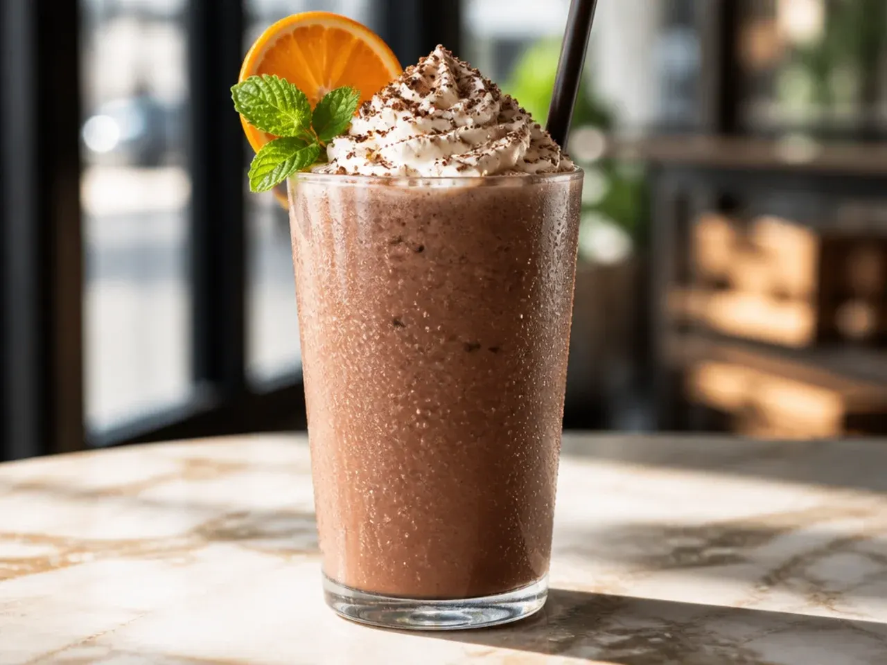 Frozen blended mocha drink with a slushy texture topped with cocoa powder in a glass