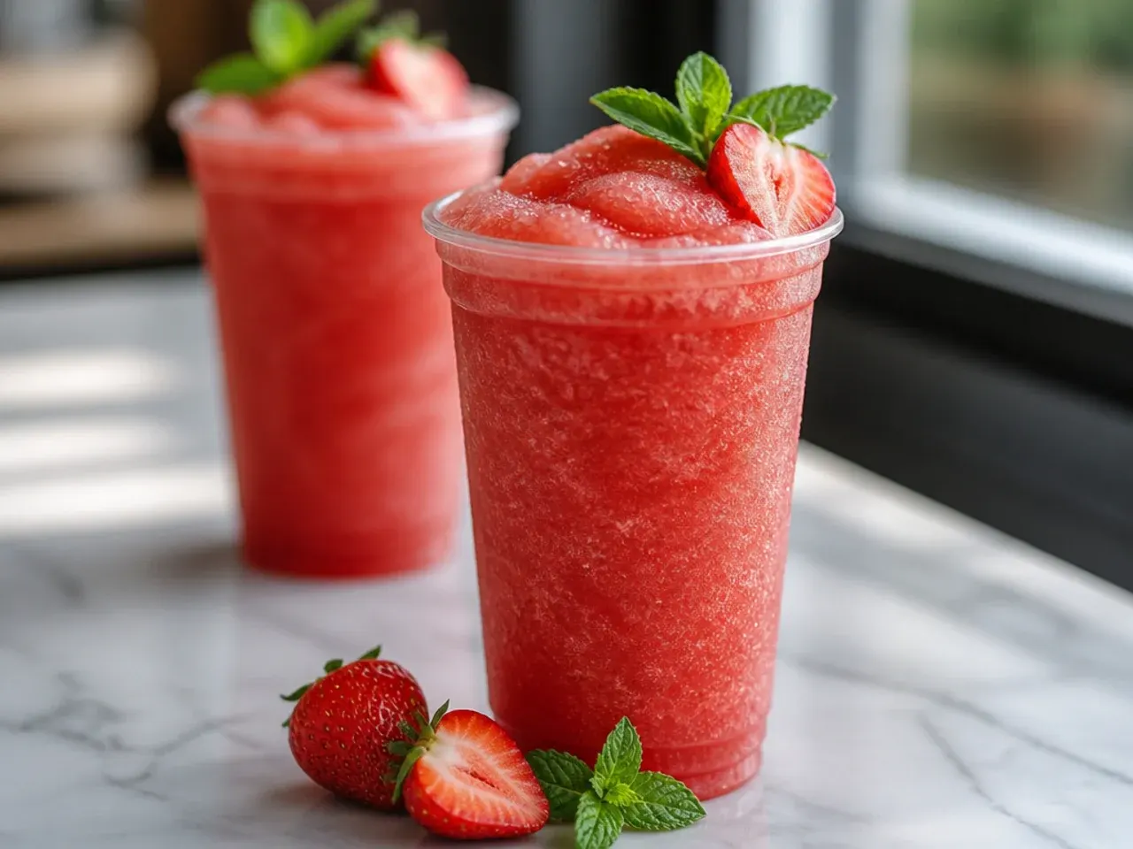 Pink frothy blended strawberry energy drink in a tall glass with ice