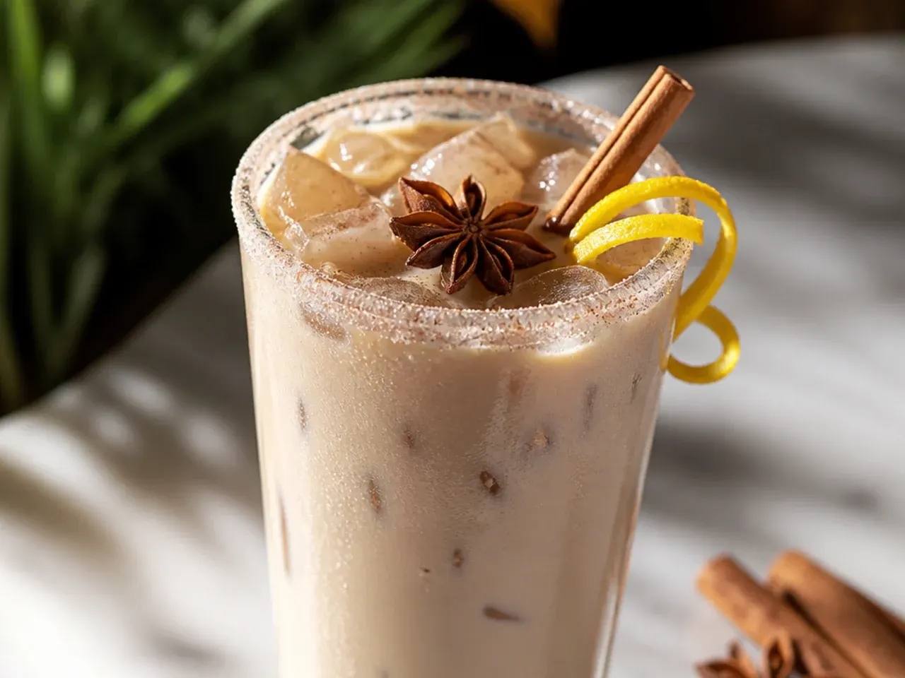 Spiced chai latte with cinnamon dusting in a glass mug on a wooden table