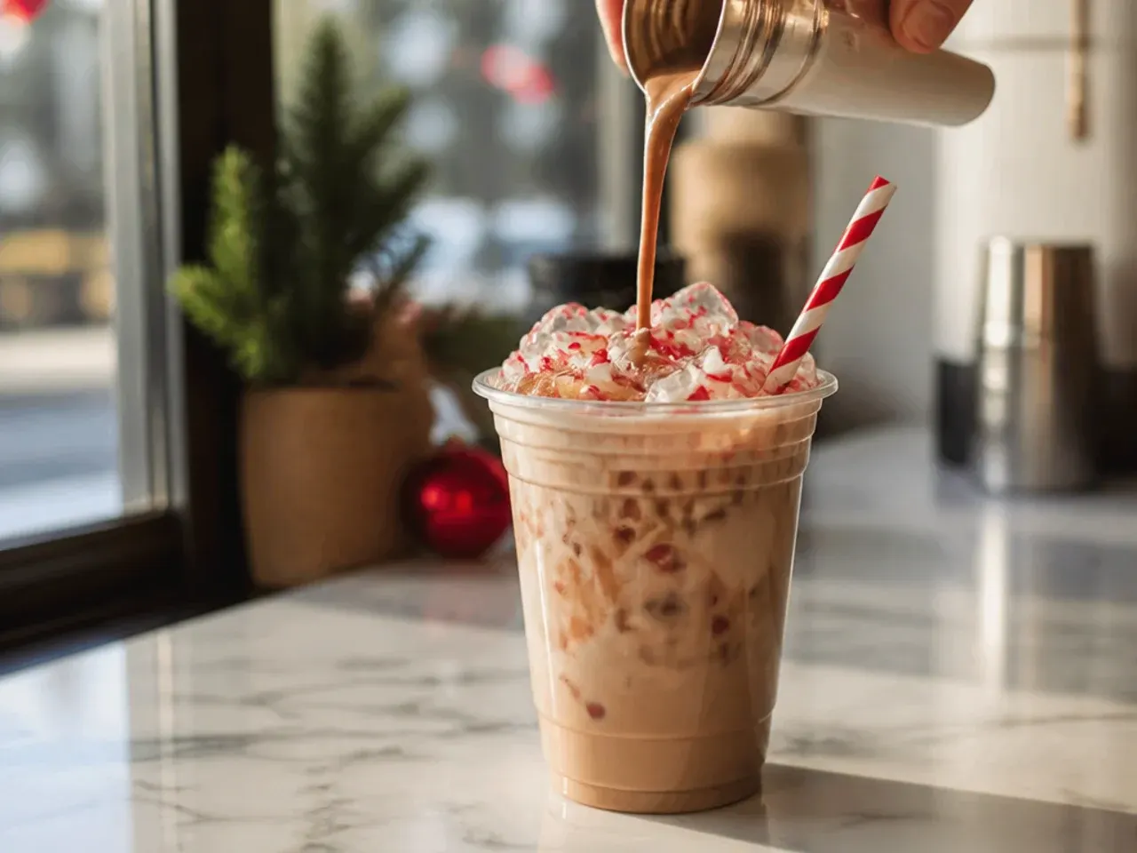 Peppermint mocha in a glass mug topped with crushed sugar-free peppermint candy