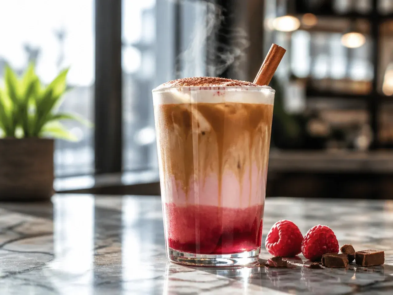 Layered raspberry chocolate latte showing distinct colour bands in a tall clear glass