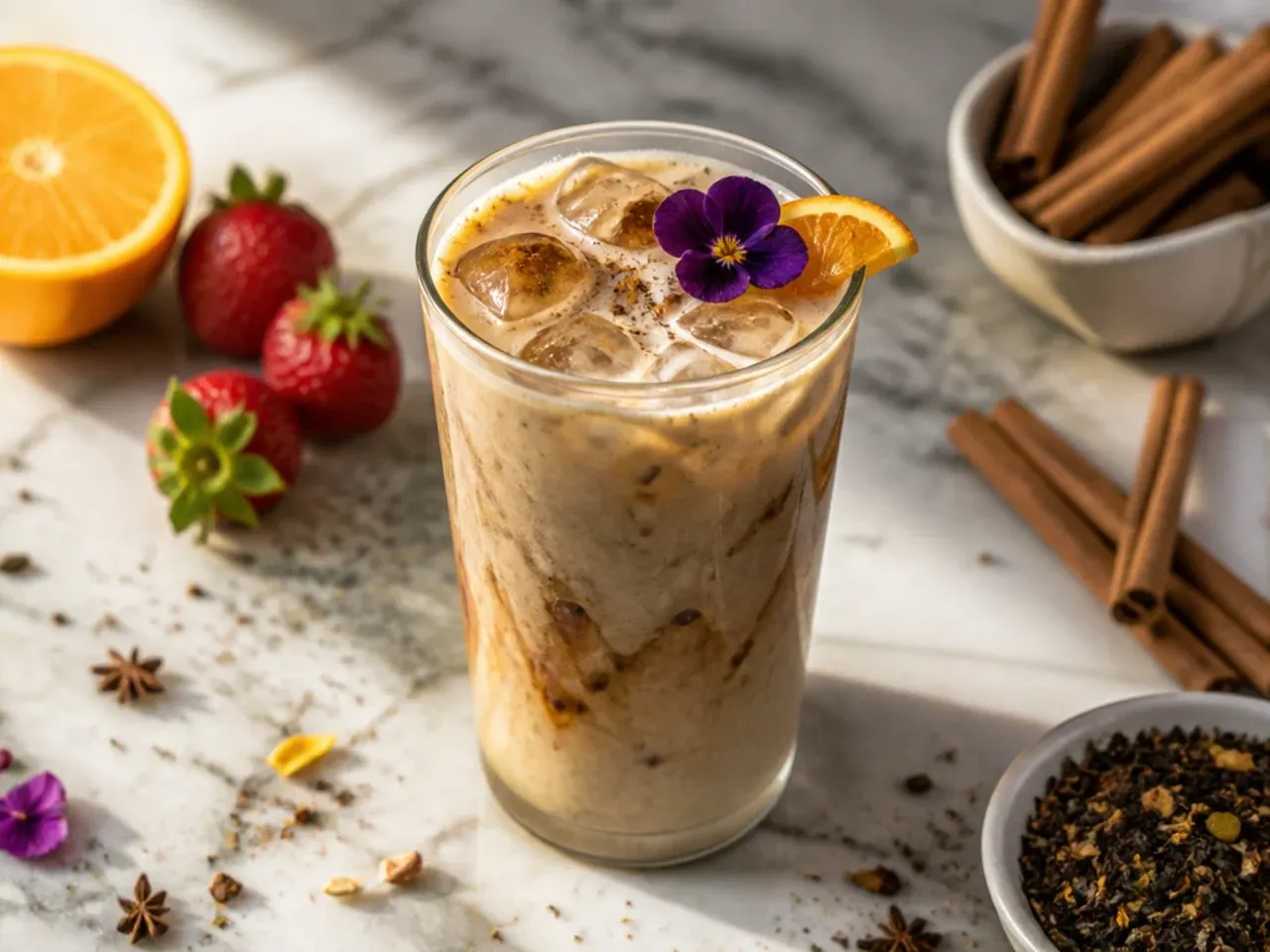 Dirty chai latte with a visible espresso shot poured into spiced milk in a glass