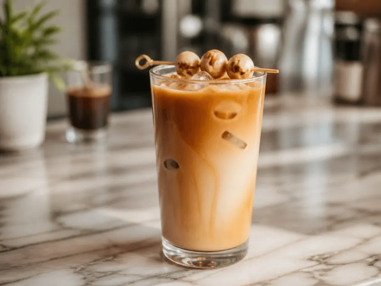 Smooth hazelnut breve latte with light microfoam in a glass mug