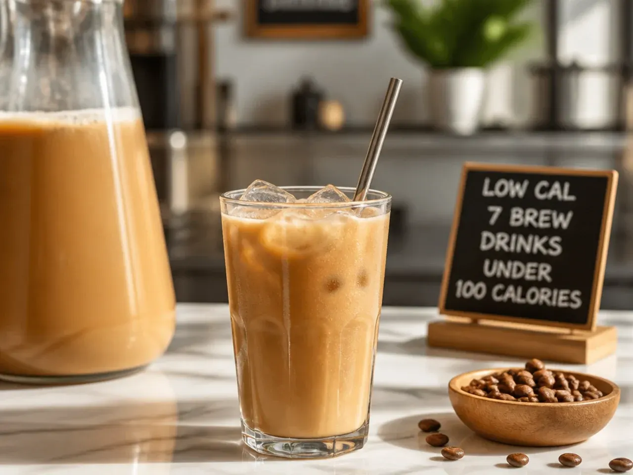 Mason jar of cold brew concentrate next to small labelled syrup bottles on a kitchen counter