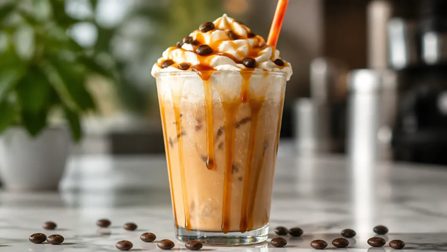A row of iced coffee drinks in tall glasses with layered milk and espresso, garnished with cinnamon and sugar-free caramel drizzle