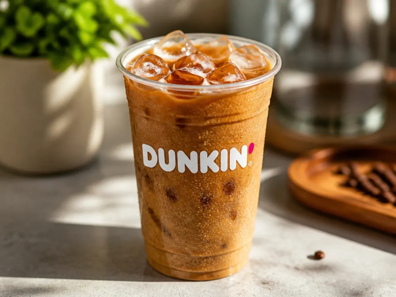 Overhead shot of iced coffee ingredients including espresso, milk, sugar-free syrup and ice cubes laid out on a counter
