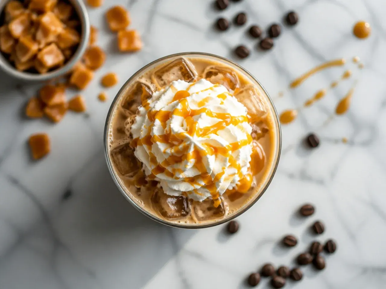 Iced caramel macchiato with layered espresso and milk in a tall glass, drizzled with caramel