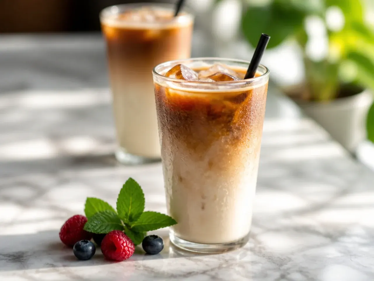Classic iced vanilla coffee in a clear glass with ice and a straw