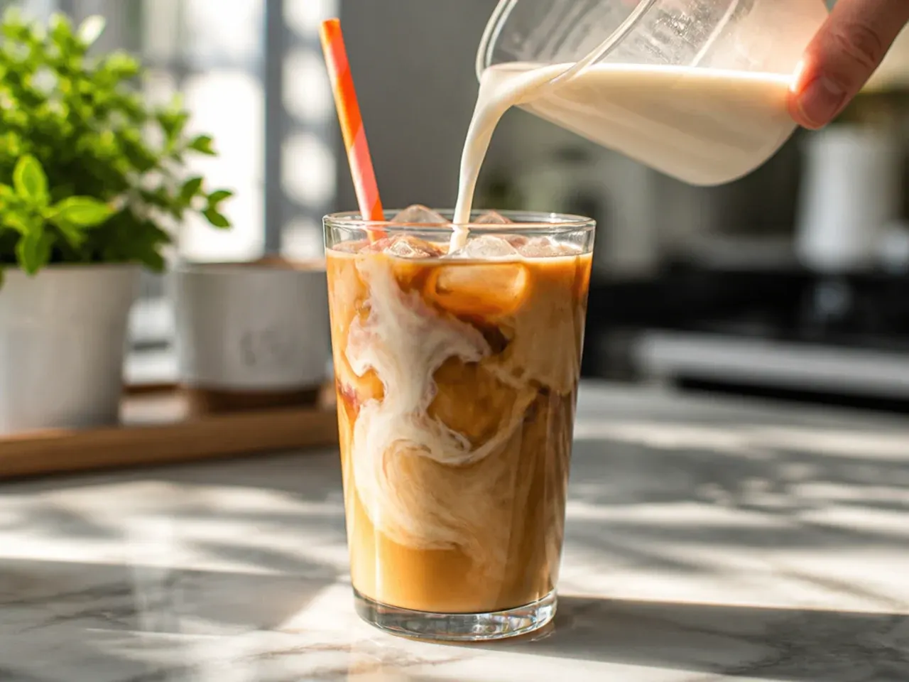 Creamy coconut iced coffee in a glass with visible cream swirl and ice