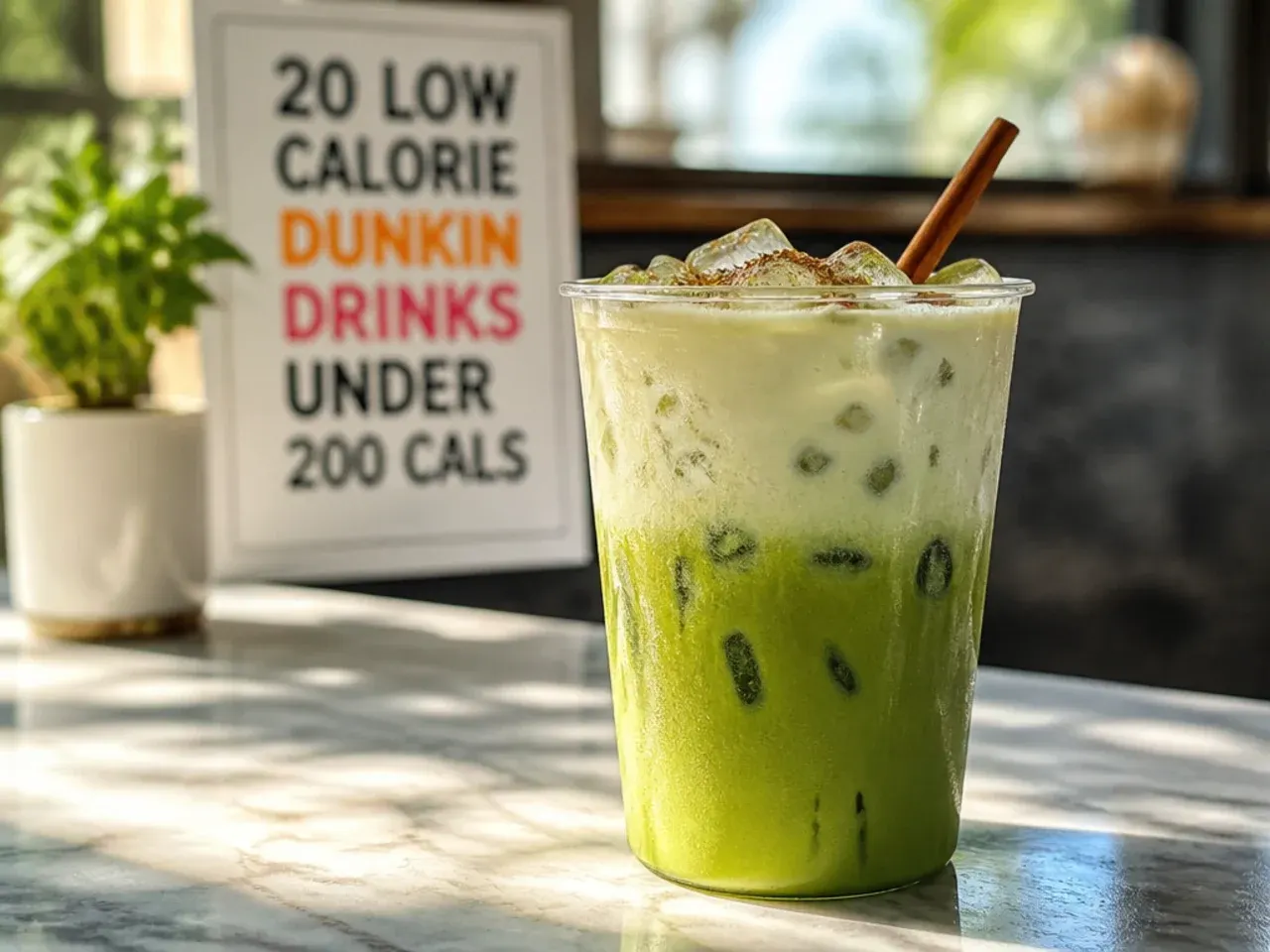 Bright green iced matcha latte with visible layering over milk in a glass