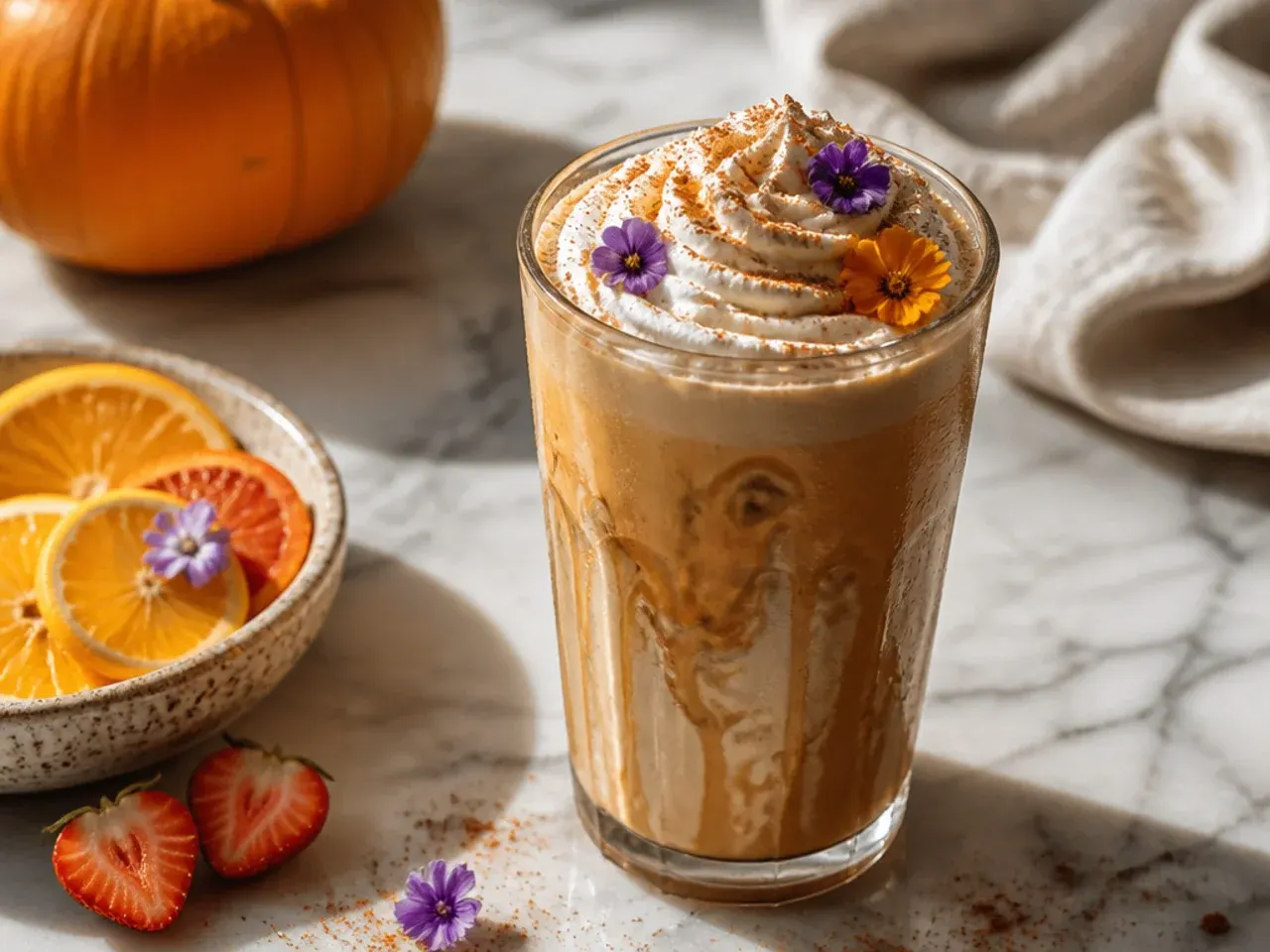 Hot pumpkin spice latte in a mug topped with cinnamon dust