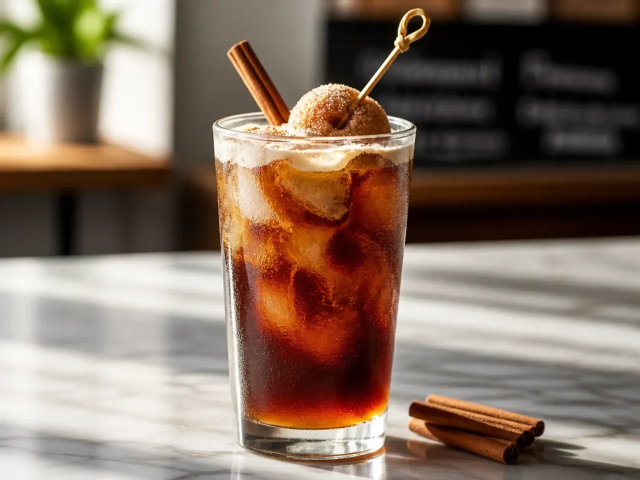 Cold brew coffee in a mason jar with cinnamon dusted on top and ice
