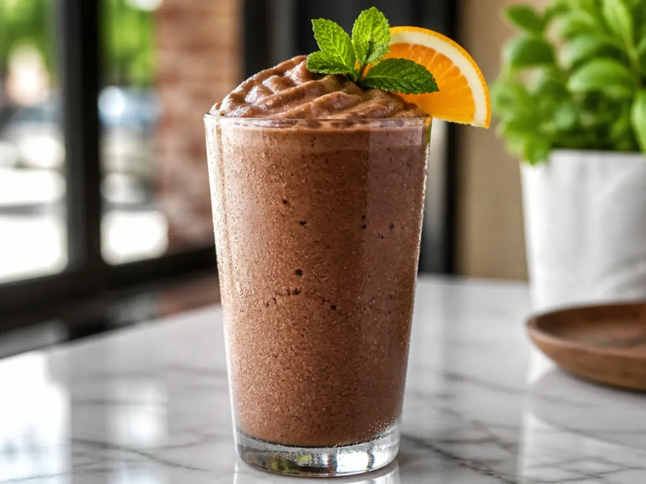 Frozen mocha coffee slush in a glass with a straw and light chocolate drizzle